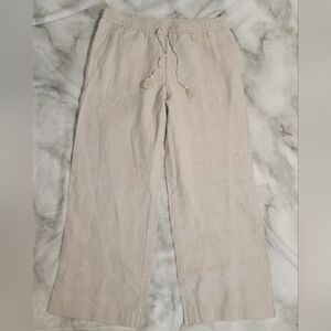 Talbots Cream Wide-Leg Linen Pants with Drawstring